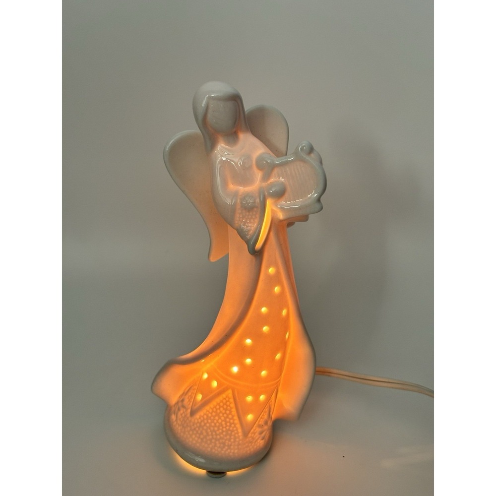 Vtg Ceramic Angel Lamp Playin Harp Home Decor Christmas Angelic‎ Approx 8 Inches